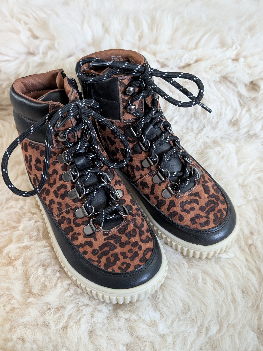 Kids Leopard Print Lace-Up Hiking Boots - Black & Brown